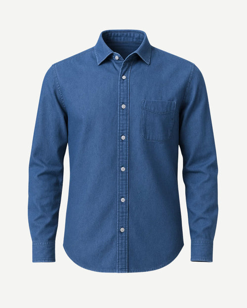 The Tailory New York men's blue denim casual cotton shirt front view