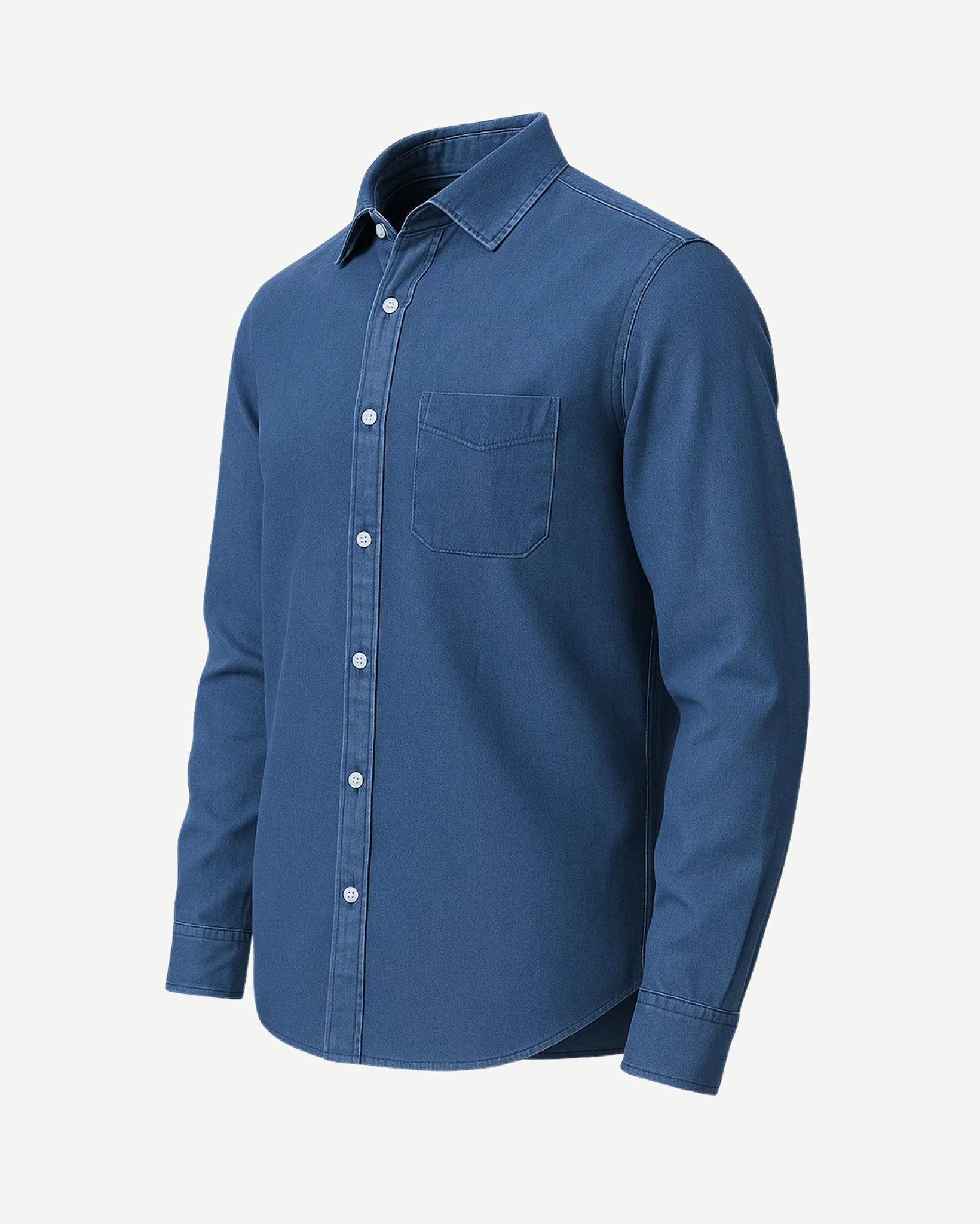 The Tailory New York men's blue denim casual shirt angled view