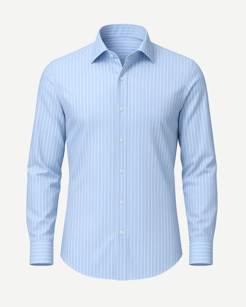 The Tailory New York men's blue striped dress shirt front view