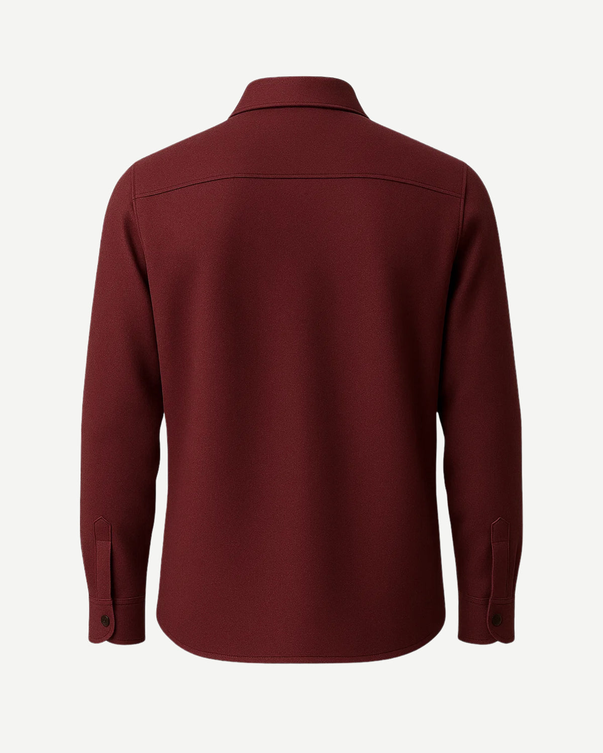 Men's Burgundy Business Shirt displayed from the back, featuring a smooth fabric, long sleeves with buttoned cuffs, and a clean, classic silhouette for refined menswear.