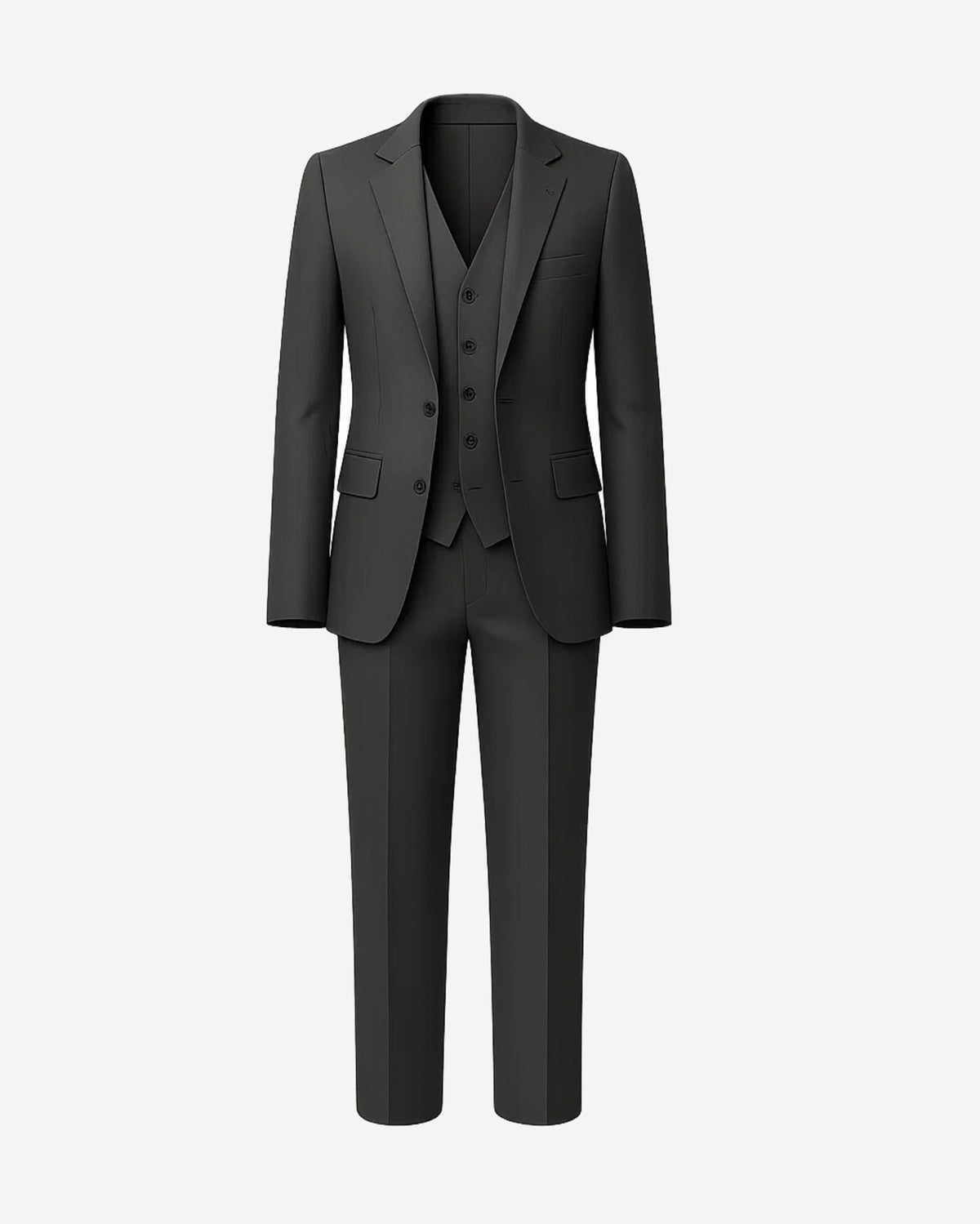 Men's Charcoal Gray Three Piece Suit Set featuring a tailored jacket, matching vest with buttons, and slim-fit trousers crafted from smooth charcoal fabric for a polished formal look.