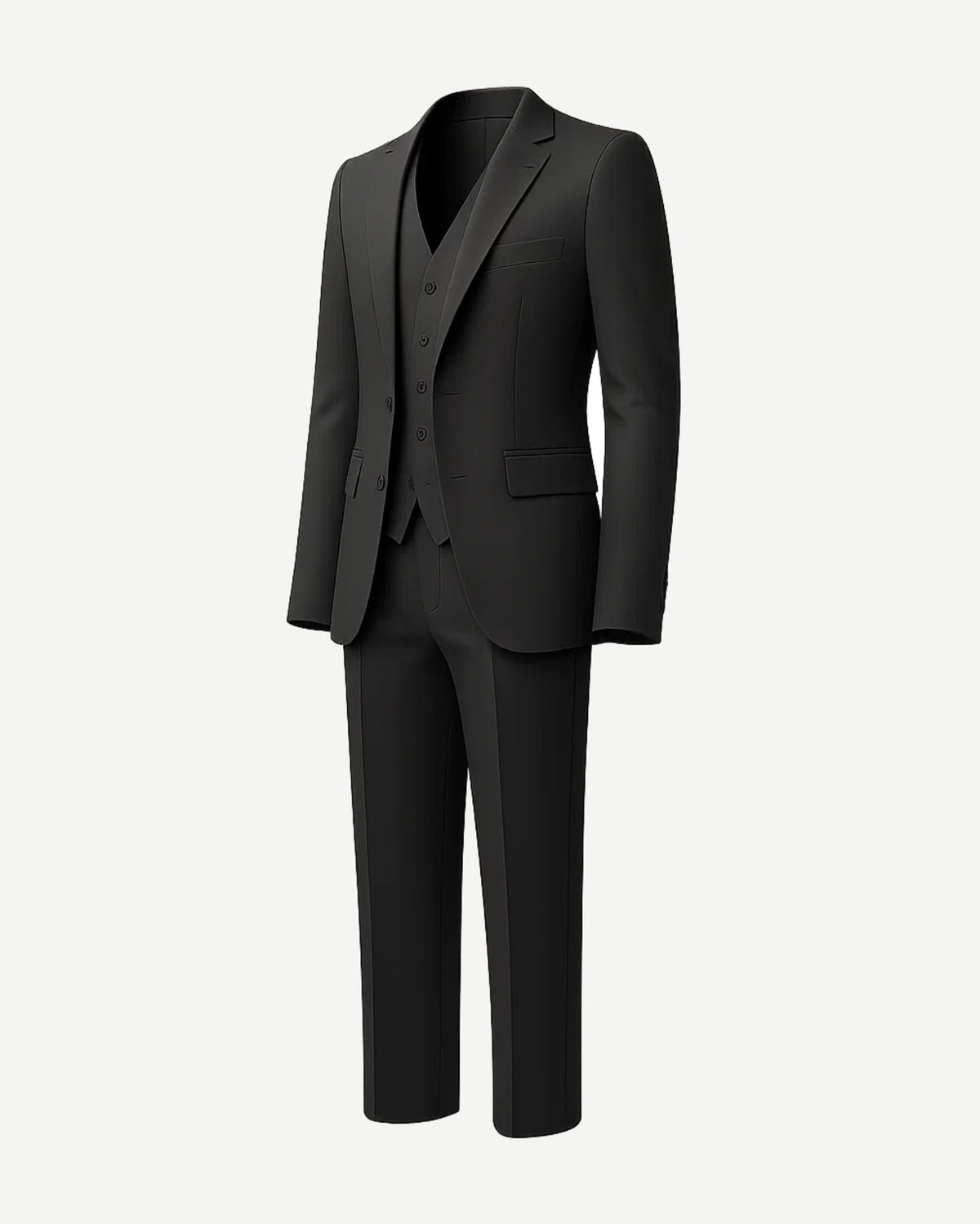 Men's Charcoal Gray Three Piece Suit Set featuring a tailored jacket, matching vest with button closure, and slim-fit trousers crafted from premium fabric for a refined formal appearance.