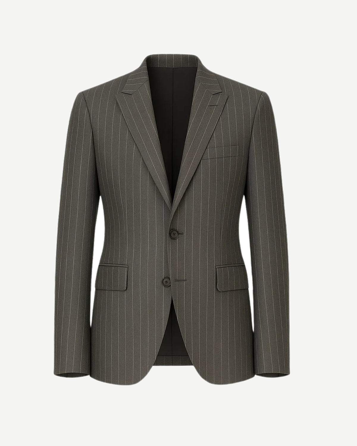 Men's Gray Pinstripe Classic Blazer Jacket featuring a tailored two-button front, notch lapels, flap pockets, and a slim fit crafted from fine gray pinstripe fabric for timeless menswear.