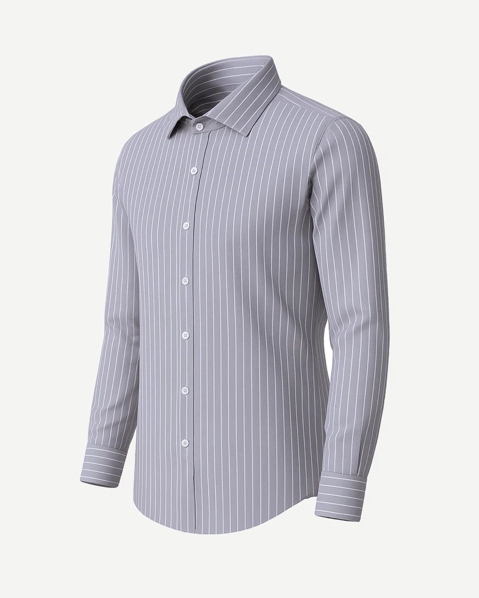 The Tailory New York men's gray pinstripe business shirt angled view