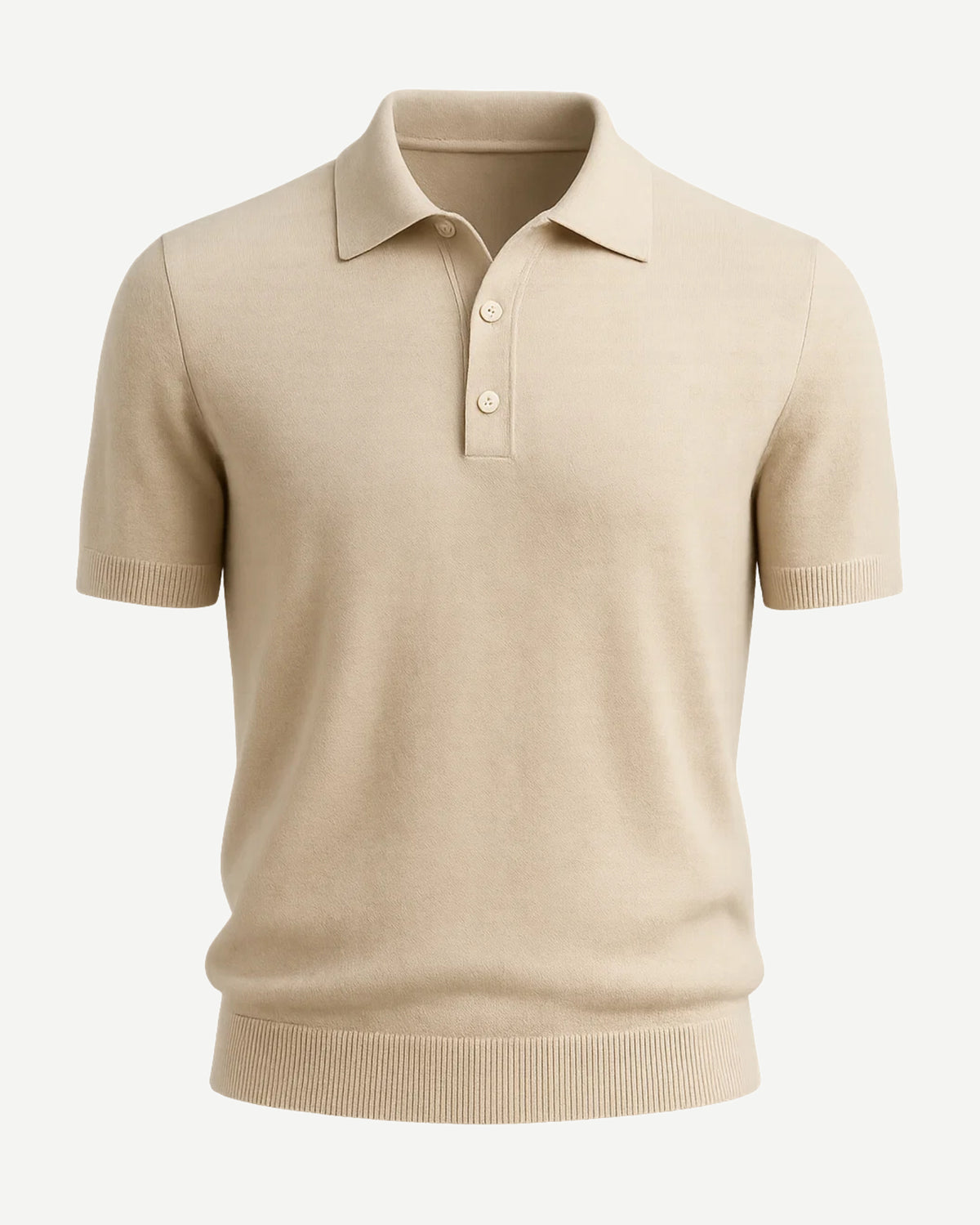 Men’s Loro Piana Featherweight Cashmere Polo in a soft beige tone, featuring short sleeves, a classic collar, and a three-button placket for sophisticated leisure dressing.