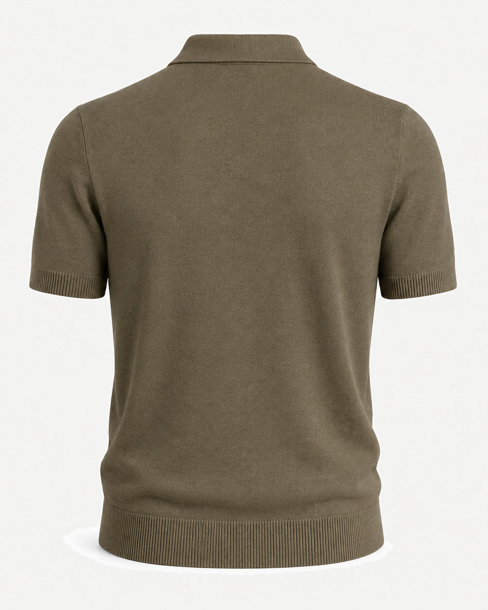 Men’s Loro Piana Featherweight Cashmere Polo in a muted olive shade, shown from the back with short sleeves, ribbed hems, and a finely knit lightweight cashmere fabric for elegant leisurewear.
