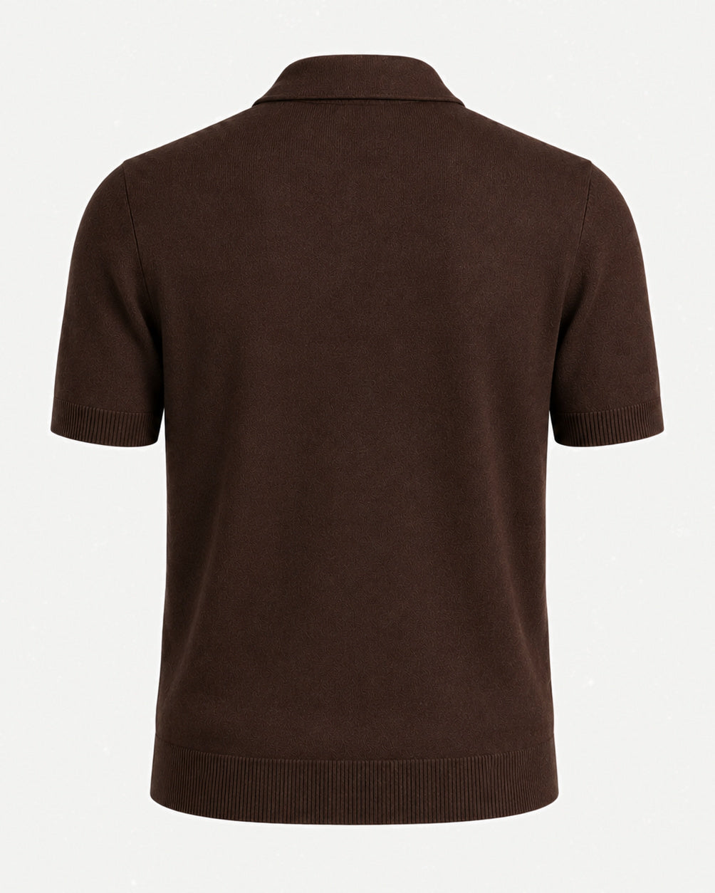 Men’s Loro Piana Featherweight Cashmere Polo in deep brown, shown from the back with short sleeves and ribbed hems crafted from fine, lightweight cashmere for elegant leisurewear.