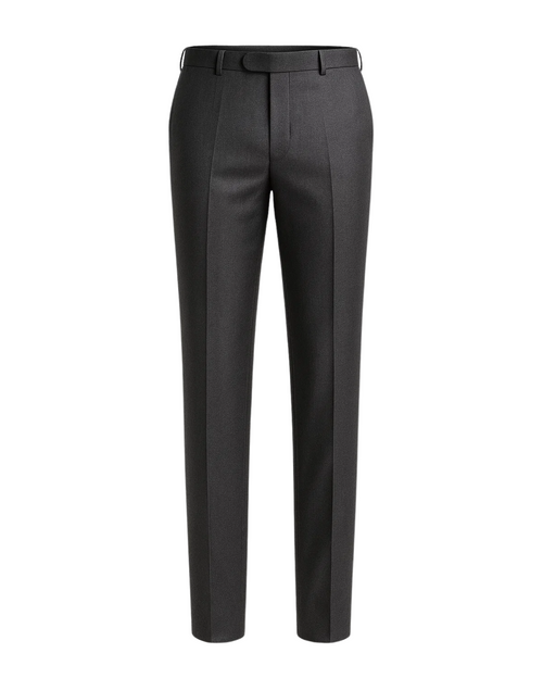 Men's Loro Piana Charcoal Dress Pants featuring a tailored slim fit with pressed creases, belt loops, and a smooth finish crafted from luxury charcoal fabric for refined formalwear.