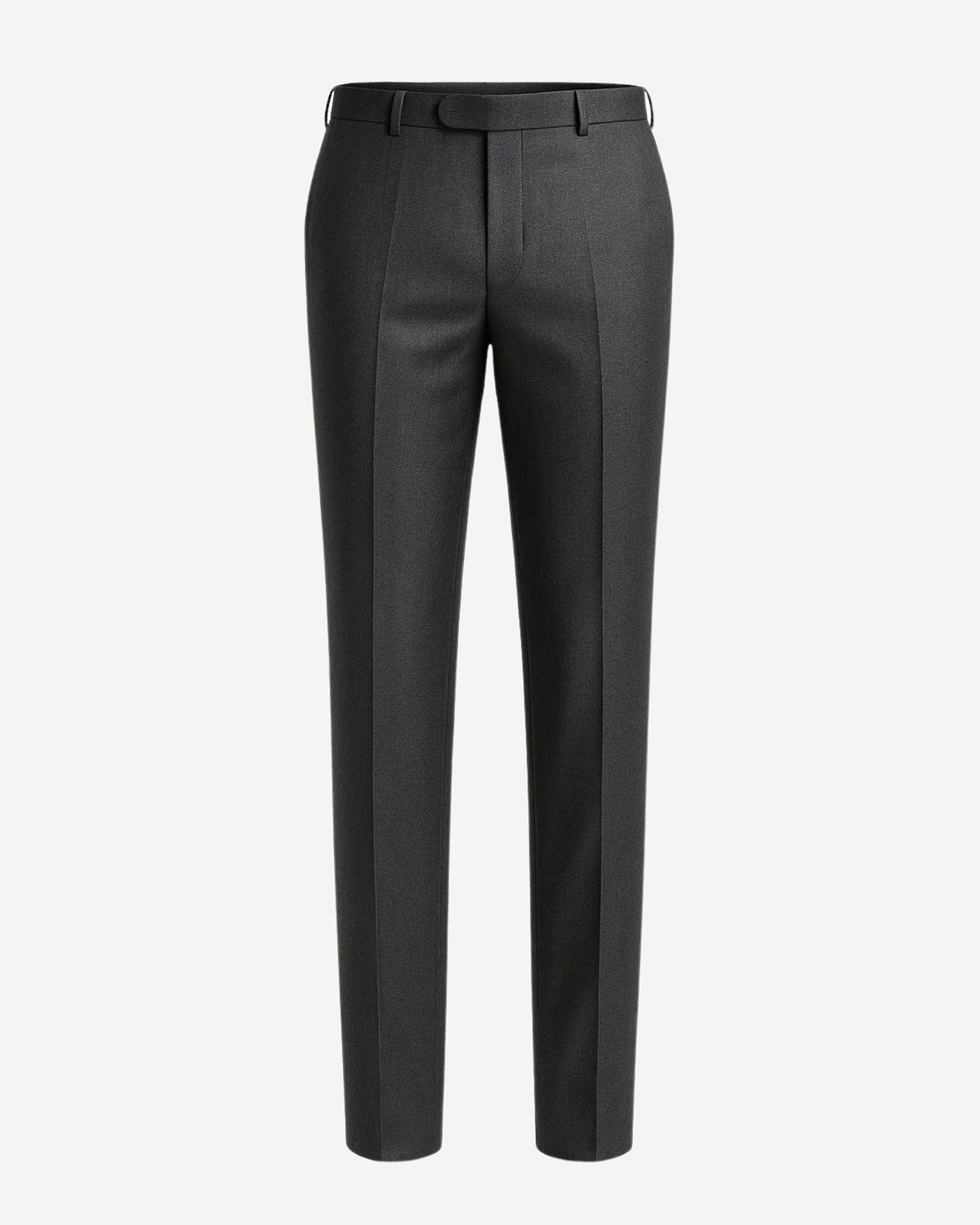 Men's Loro Piana Charcoal Dress Pants featuring a tailored slim fit with pressed creases, belt loops, and a smooth finish crafted from luxury charcoal fabric for refined formalwear.