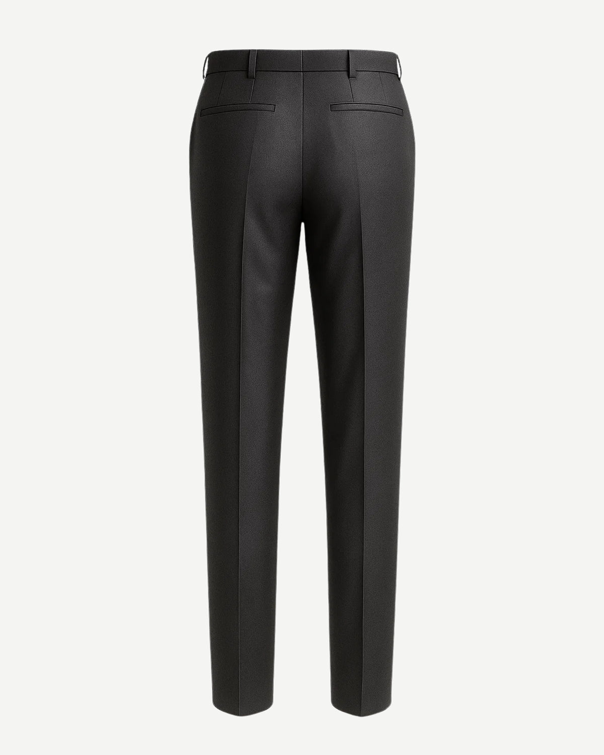 Men's Loro Piana Charcoal Dress Pants shown from the back, featuring a streamlined fit with belt loops, welt back pockets, and a smooth finish crafted from premium charcoal fabric for sophisticated menswear.