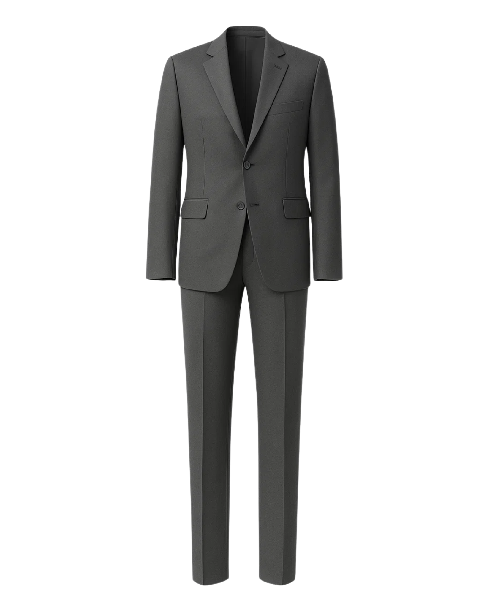Men's Loro Piana Charcoal Slim Suit featuring a two-button blazer with notch lapels, flap pockets, and slim tailored trousers in fine charcoal fabric for sophisticated menswear.