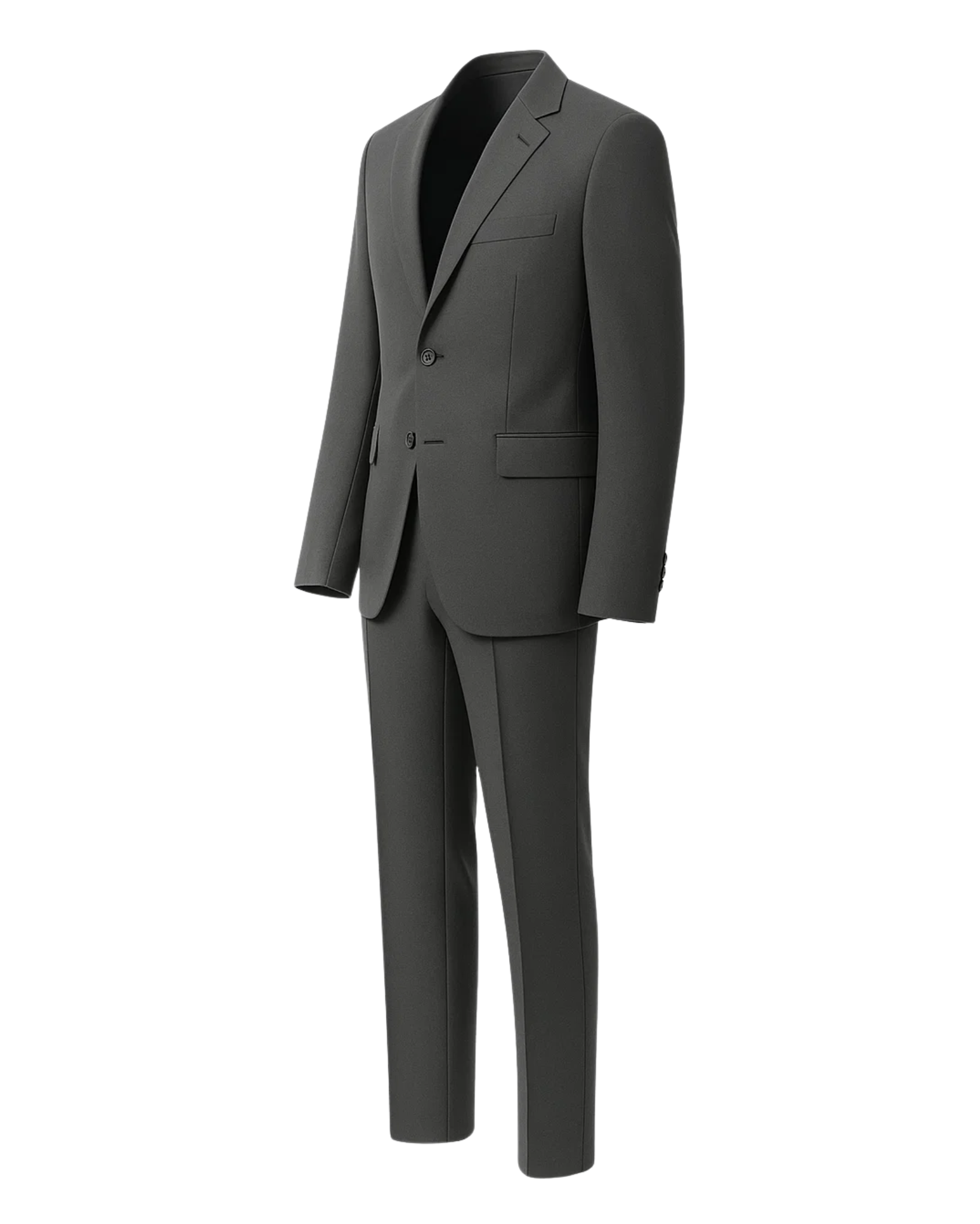 Men's Loro Piana Charcoal Slim Suit featuring a modern two-button blazer with notch lapels, flap pockets, and tailored slim-fit trousers crafted in premium charcoal fabric.