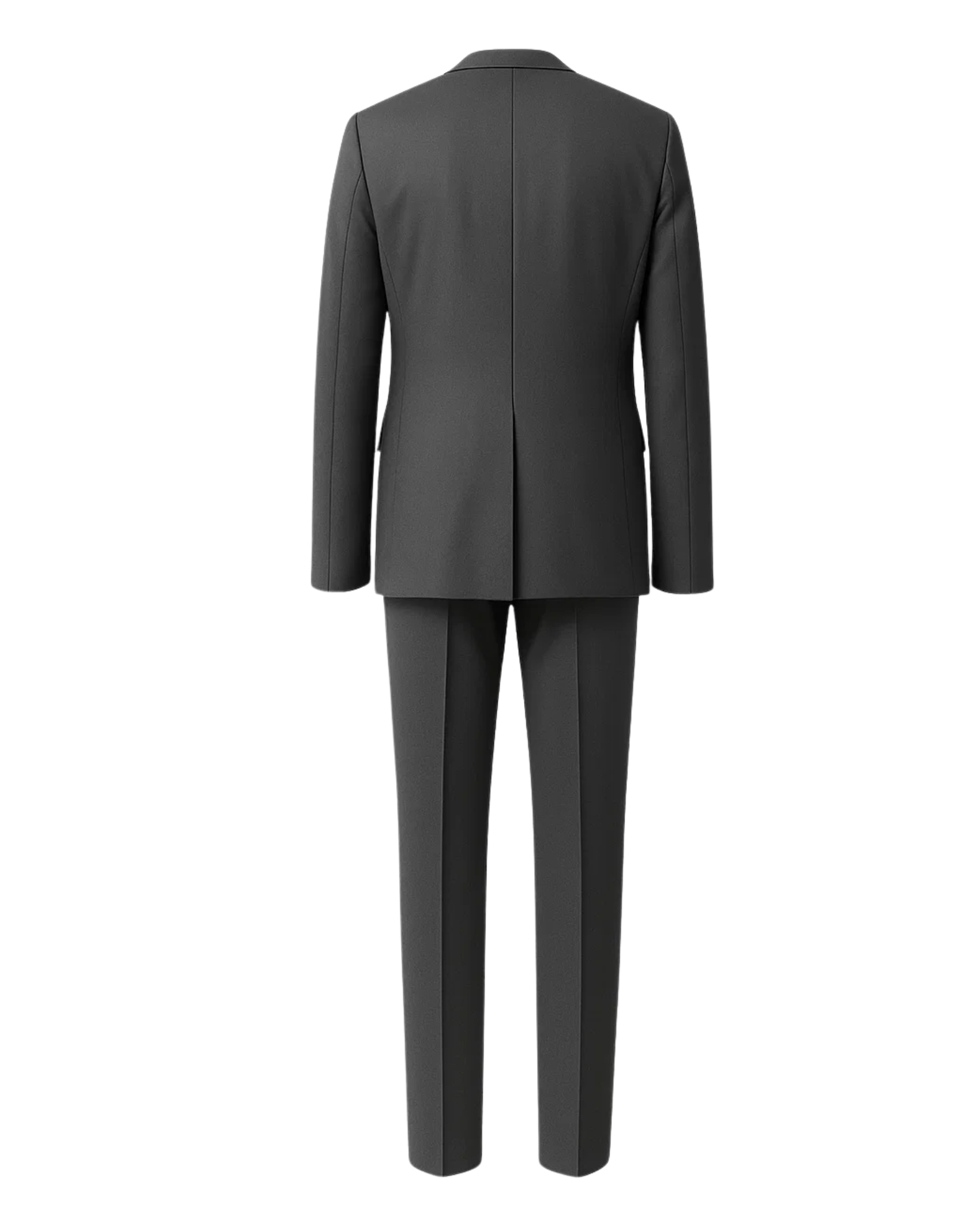Men's Loro Piana Charcoal Slim Suit showing a clean back view of a tailored charcoal blazer with structured shoulders and matching slim-fit trousers in luxurious fabric.
