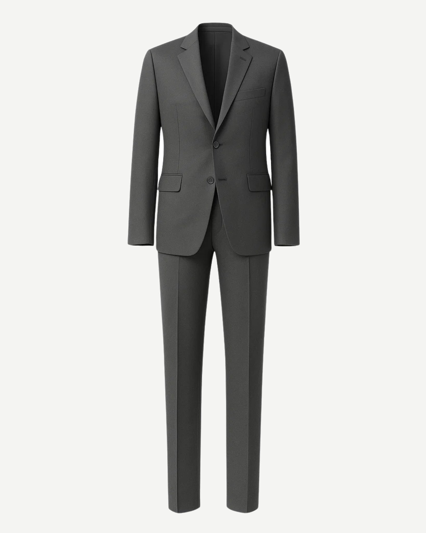 Men's Loro Piana Charcoal Slim Suit featuring a two-button blazer with notch lapels, flap pockets, and slim tailored trousers in fine charcoal fabric for sophisticated menswear.