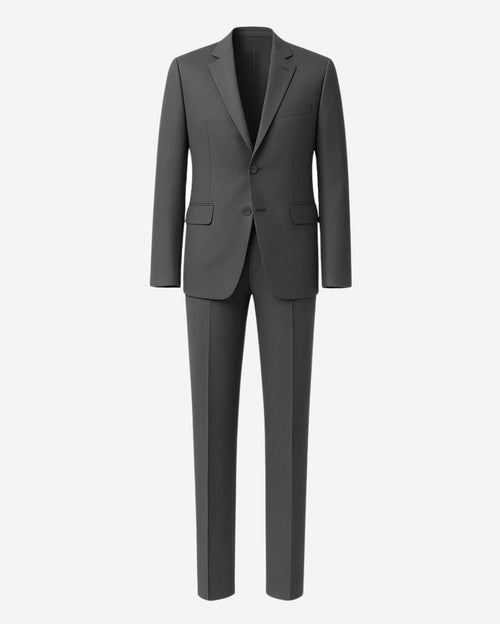 Men's Loro Piana Charcoal Slim Suit featuring a two-button blazer with notch lapels, flap pockets, and slim tailored trousers in fine charcoal fabric for sophisticated menswear.