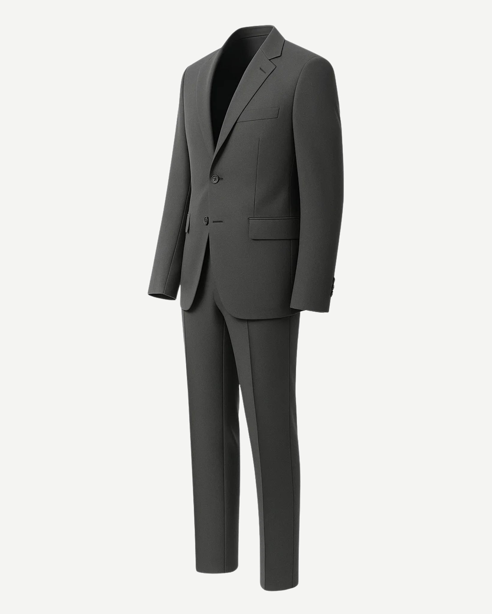 Men's Loro Piana Charcoal Slim Suit featuring a modern two-button blazer with notch lapels, flap pockets, and tailored slim-fit trousers crafted in premium charcoal fabric.