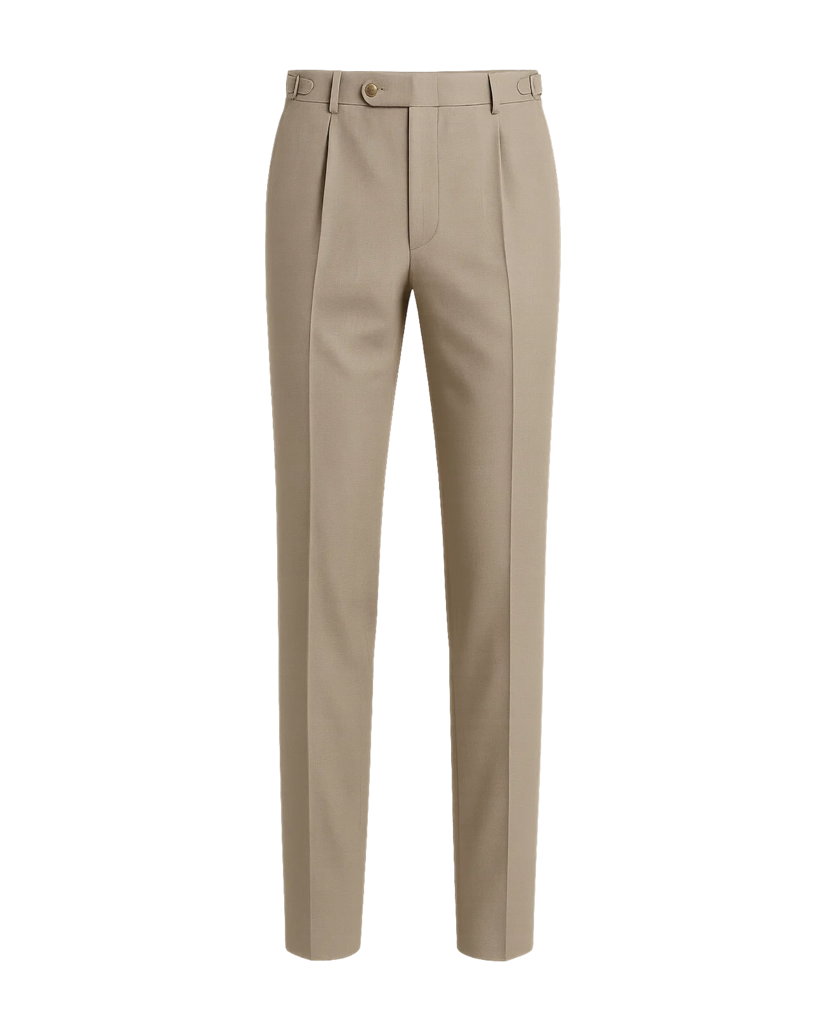 Men's Loro Piana Cricket Club Beige Fresco Wool Trousers featuring a slim tailored fit with side adjusters, front pleats, belt loops, and a smooth finish crafted from lightweight fresco wool for elegant summer dressing.