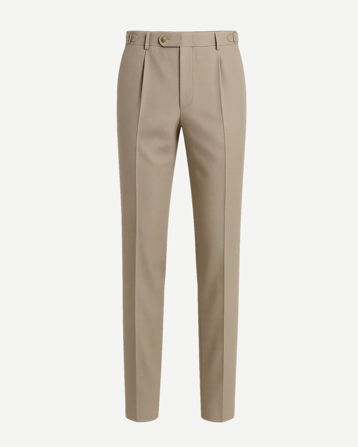 Men's Loro Piana Cricket Club Beige Fresco Wool Trousers featuring a slim tailored fit with side adjusters, front pleats, belt loops, and a smooth finish crafted from lightweight fresco wool for elegant summer dressing.