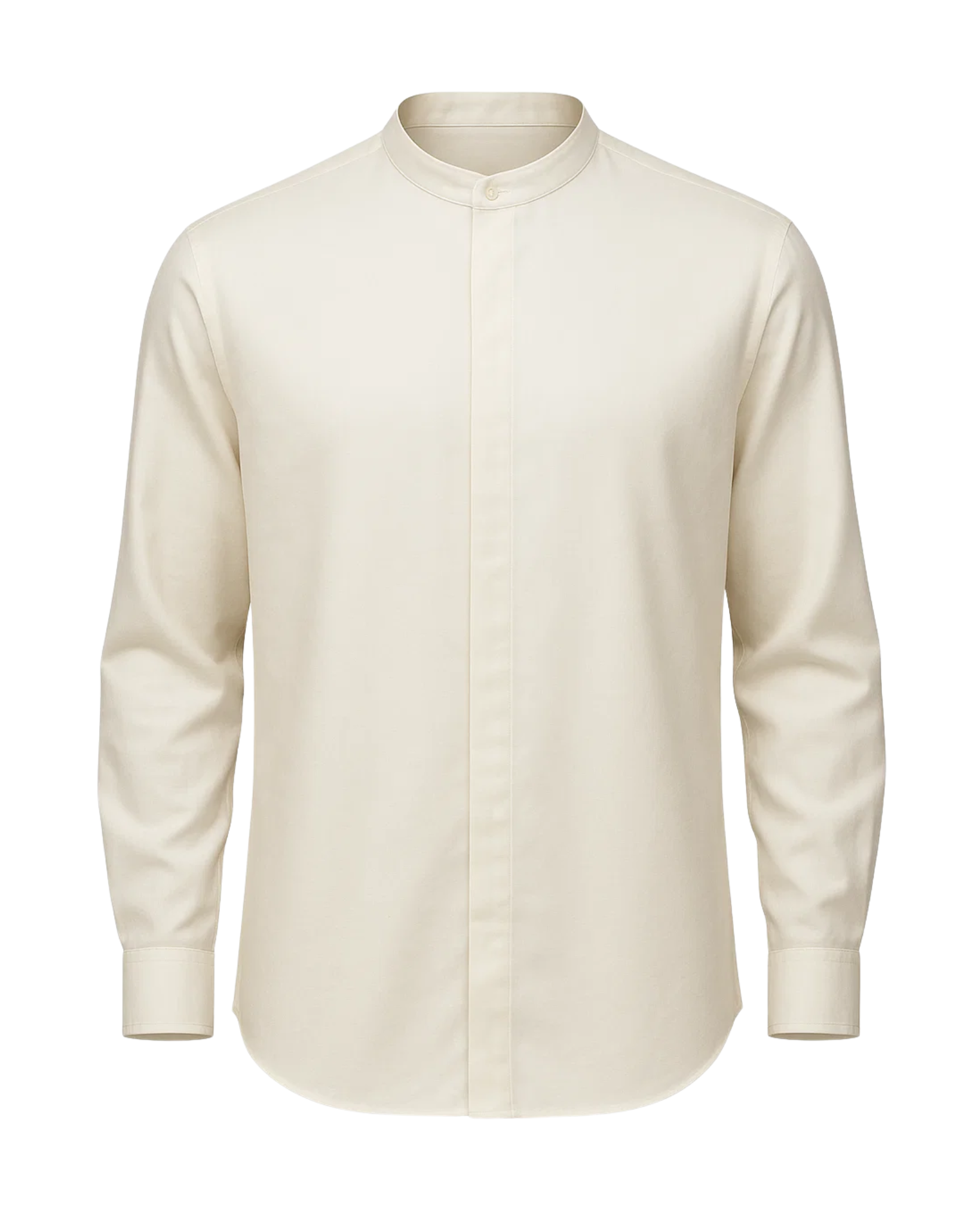 Men's Loro Piana Garden Party Cream Band Collar Shirt featuring a sleek, minimalist design with a concealed button placket, long sleeves, and a refined cream fabric for sophisticated leisure dressing.