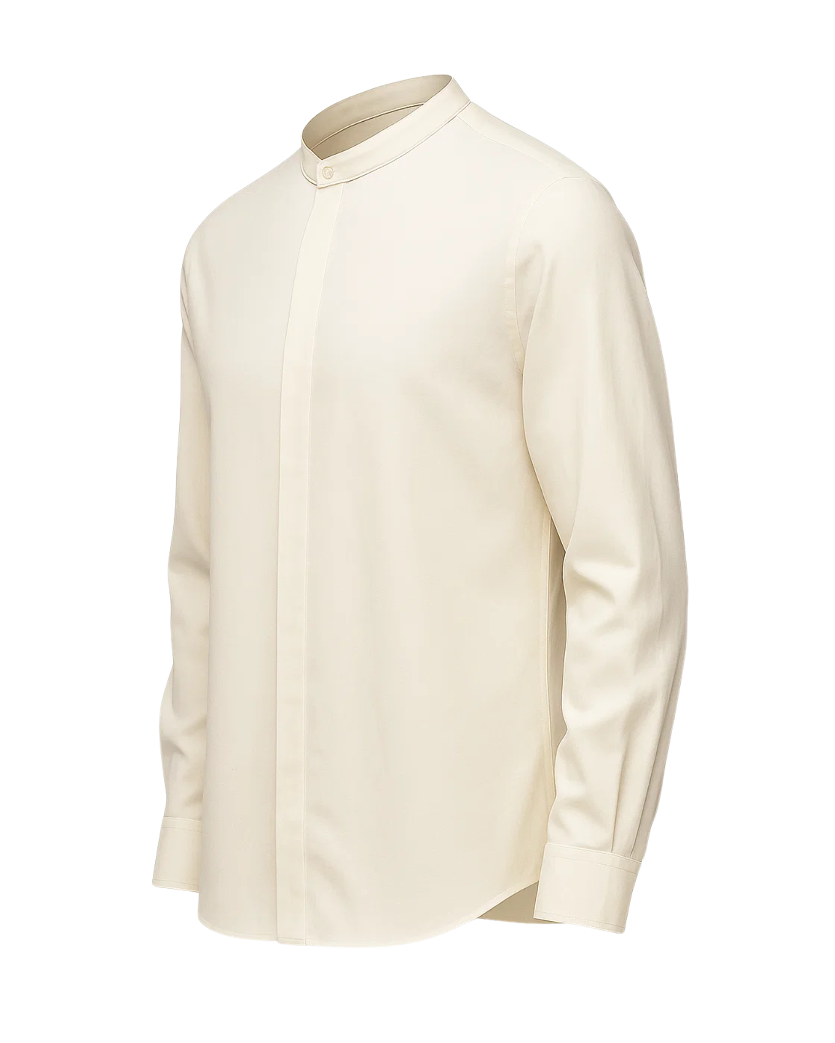 Men's Loro Piana Garden Party Cream Band Collar Shirt featuring a refined cream fabric with a minimalist concealed button placket, long sleeves, and a sleek band collar for elegant leisure dressing.