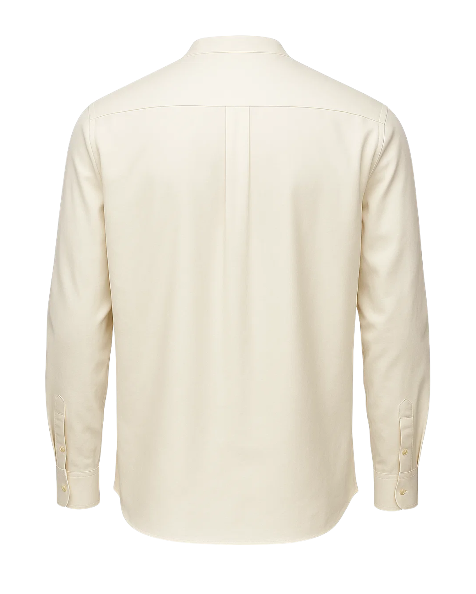 Men's Loro Piana Garden Party Cream Band Collar Shirt shown from the back, featuring a clean, minimalist design with long sleeves, buttoned cuffs, and a refined creamy fabric for elegant leisure dressing.