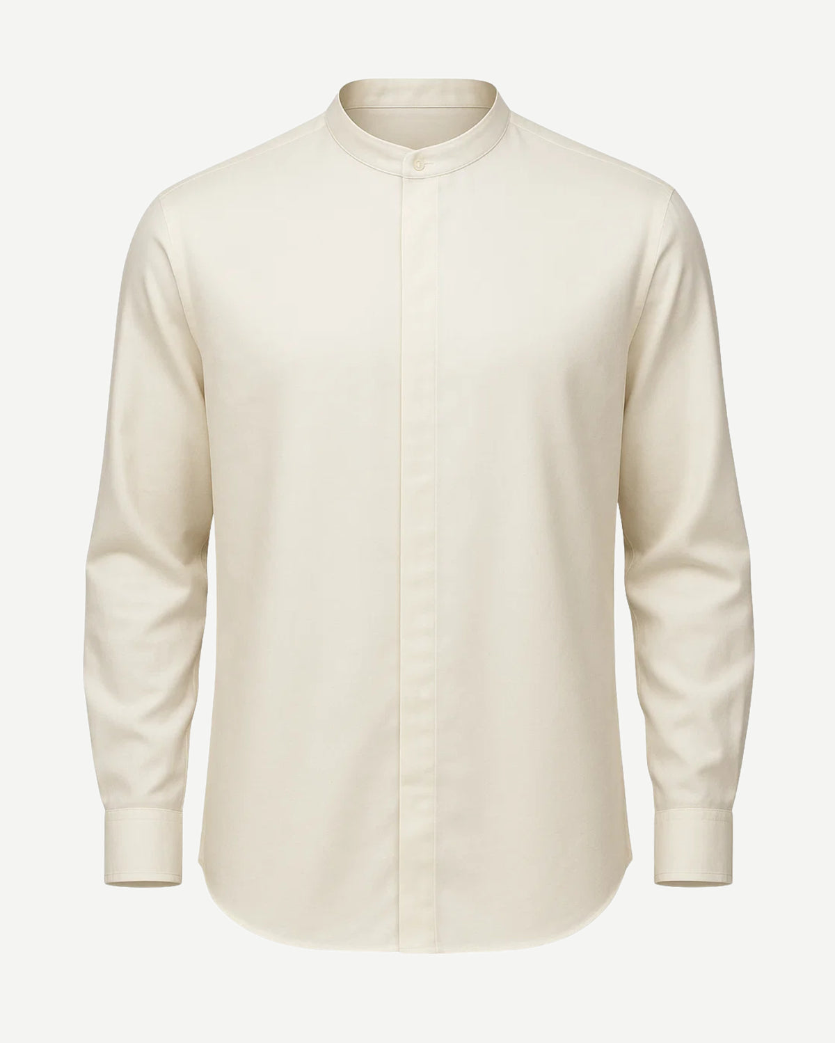 Men's Loro Piana Garden Party Cream Band Collar Shirt featuring a sleek, minimalist design with a concealed button placket, long sleeves, and a refined cream fabric for sophisticated leisure dressing.