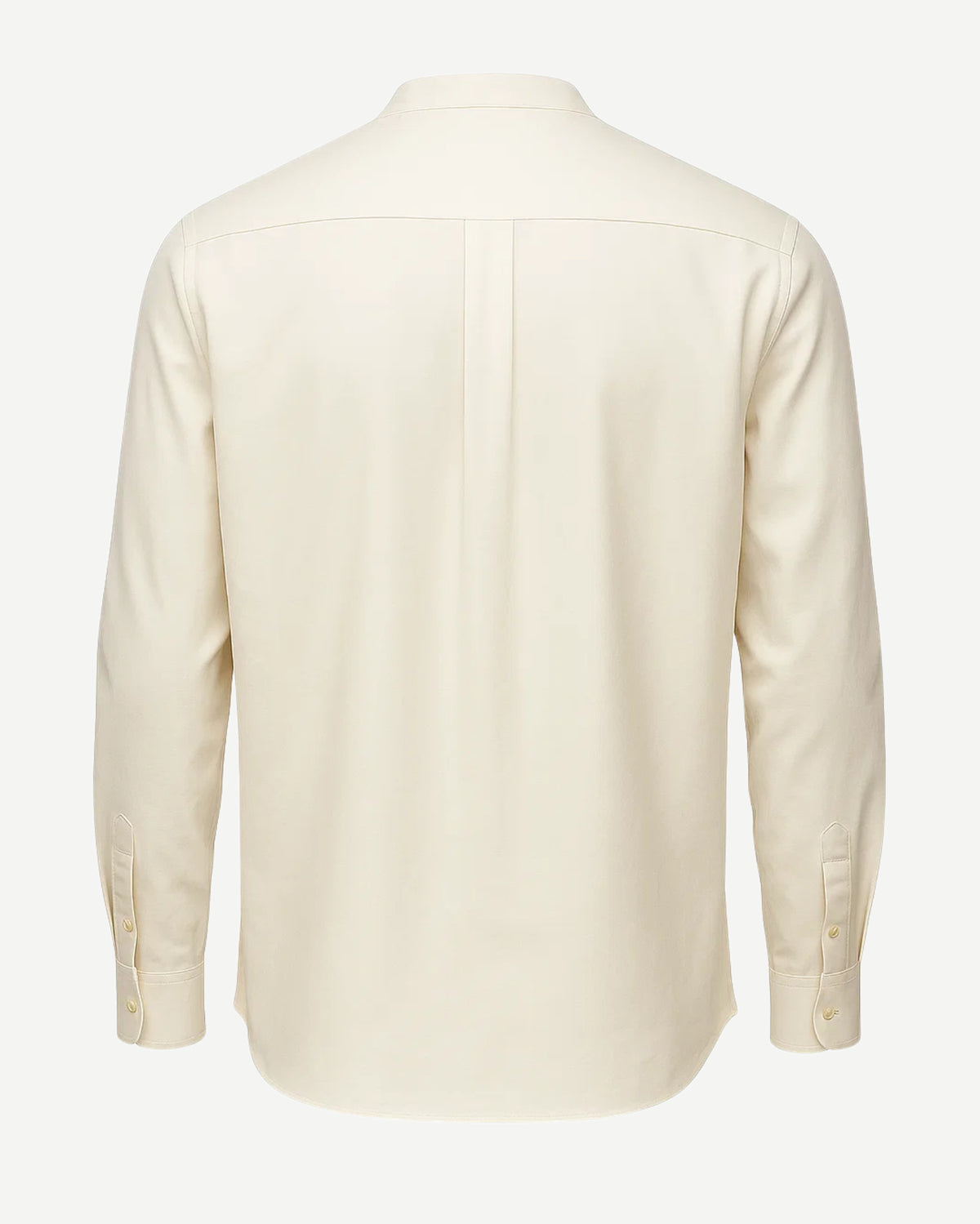 Men's Loro Piana Garden Party Cream Band Collar Shirt shown from the back, featuring a clean, minimalist design with long sleeves, buttoned cuffs, and a refined creamy fabric for elegant leisure dressing.