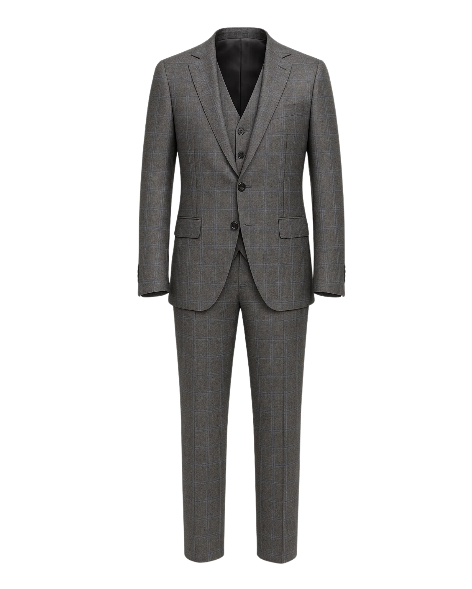 Men's Loro Piana Gray Three-Piece Suit featuring a tailored blazer, matching buttoned vest, and slim-fit trousers in a subtle checked pattern crafted from premium Loro Piana fabric.