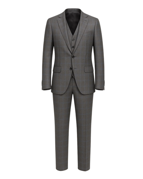 Men's Loro Piana Gray Three-Piece Suit featuring a tailored blazer, matching buttoned vest, and slim-fit trousers in a subtle checked pattern crafted from premium Loro Piana fabric.