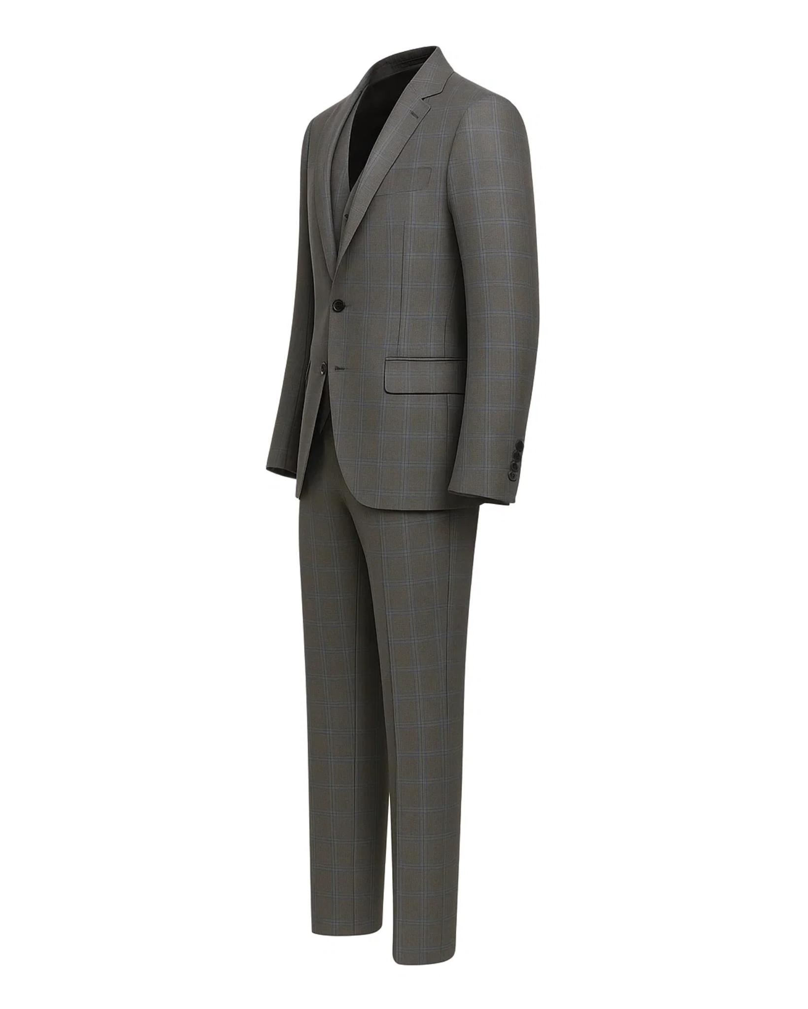 Men's Loro Piana Gray Three-Piece Suit featuring a tailored blazer, matching vest, and slim-fit trousers in a refined gray check fabric designed for sophisticated menswear.