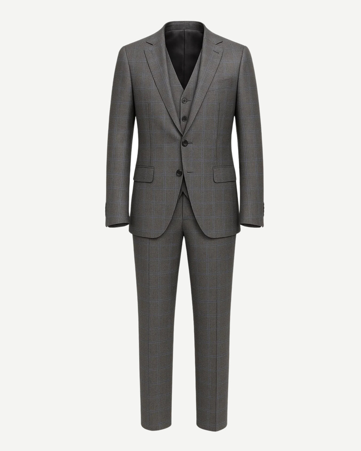 Men's Loro Piana Gray Three-Piece Suit featuring a tailored blazer, matching buttoned vest, and slim-fit trousers in a subtle checked pattern crafted from premium Loro Piana fabric.