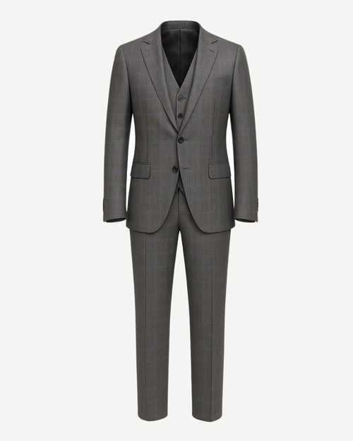 Men's Loro Piana Gray Three-Piece Suit featuring a tailored blazer, matching buttoned vest, and slim-fit trousers in a subtle checked pattern crafted from premium Loro Piana fabric.