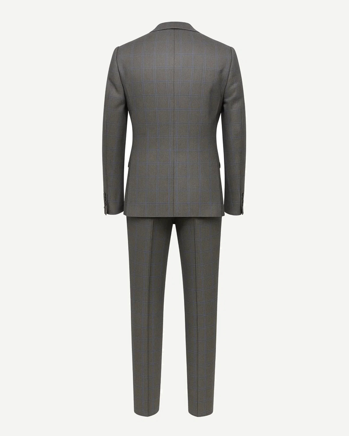Men's Loro Piana Gray Three-Piece Suit shown from the back, featuring a tailored jacket and slim-fit trousers in a subtle checked gray fabric crafted from luxury Loro Piana material.