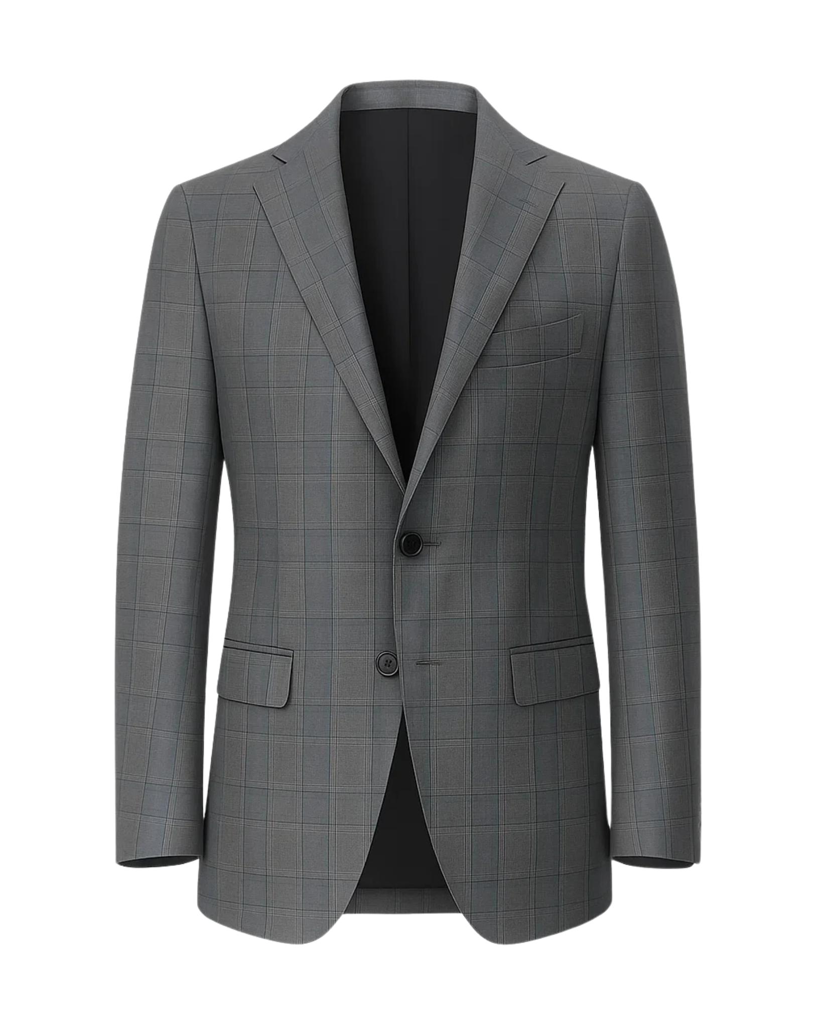 Men's Loro Piana Grey Check Blazer featuring a tailored two-button design with notch lapels, flap pockets, and subtle check pattern in refined grey fabric for sophisticated menswear.
