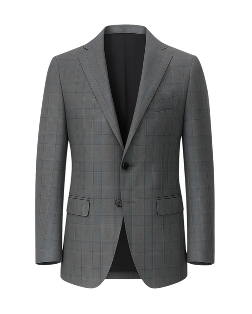 Men's Loro Piana Grey Check Blazer featuring a tailored two-button design with notch lapels, flap pockets, and subtle check pattern in refined grey fabric for sophisticated menswear.