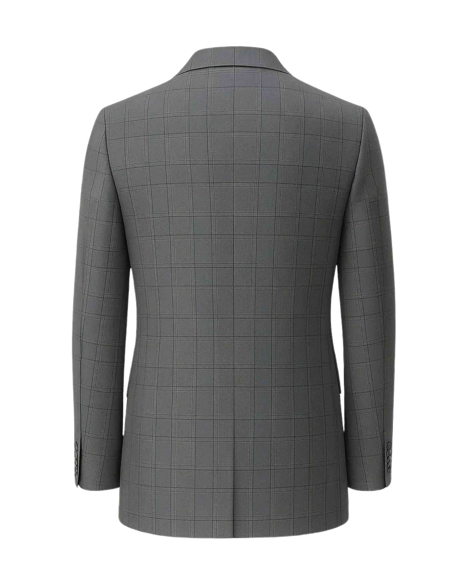 Men's Loro Piana Grey Check Blazer displaying a tailored back view with a subtle check pattern, structured shoulders, and clean lines crafted from luxury grey fabric for refined menswear.