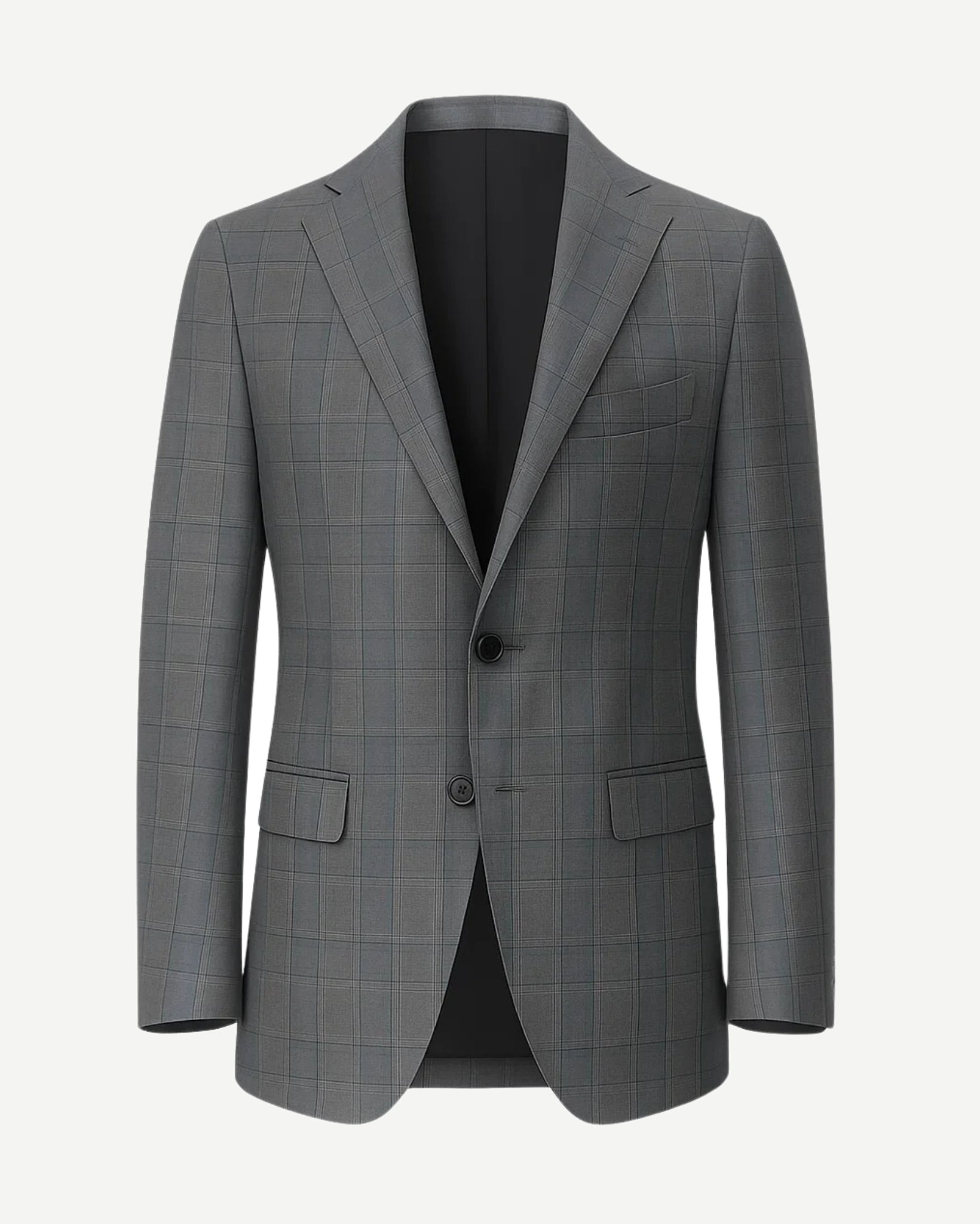 Men's Loro Piana Grey Check Blazer featuring a tailored two-button design with notch lapels, flap pockets, and subtle check pattern in refined grey fabric for sophisticated menswear.