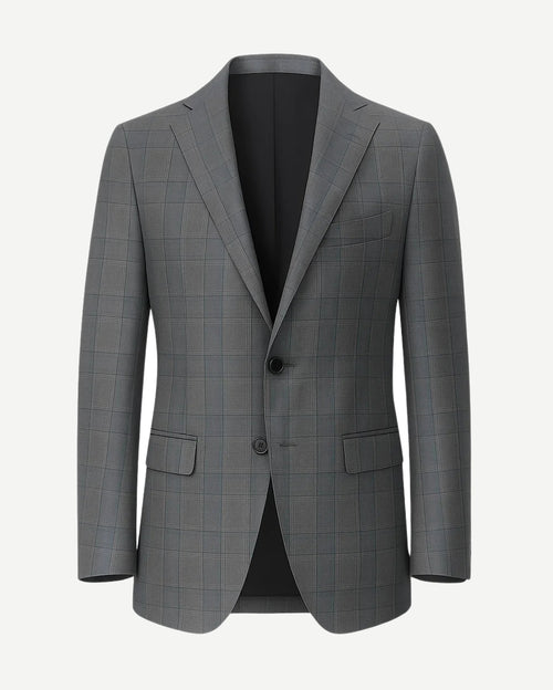 Men's Loro Piana Grey Check Blazer featuring a tailored two-button design with notch lapels, flap pockets, and subtle check pattern in refined grey fabric for sophisticated menswear.