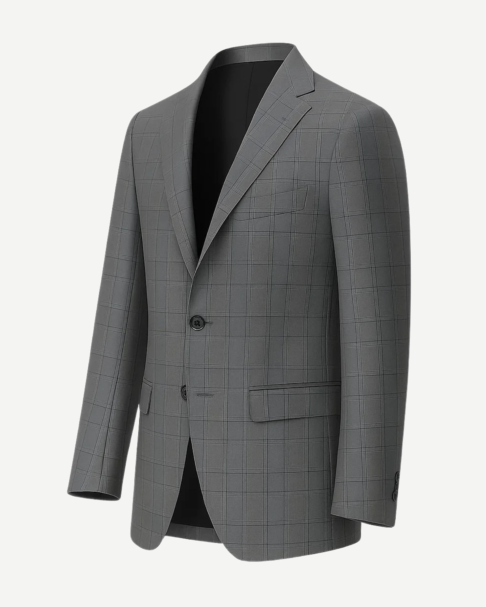 Men's Loro Piana Grey Check Blazer showcasing a tailored two-button front with notch lapels, flap pockets, and a subtle check pattern in refined grey fabric for elegant menswear.