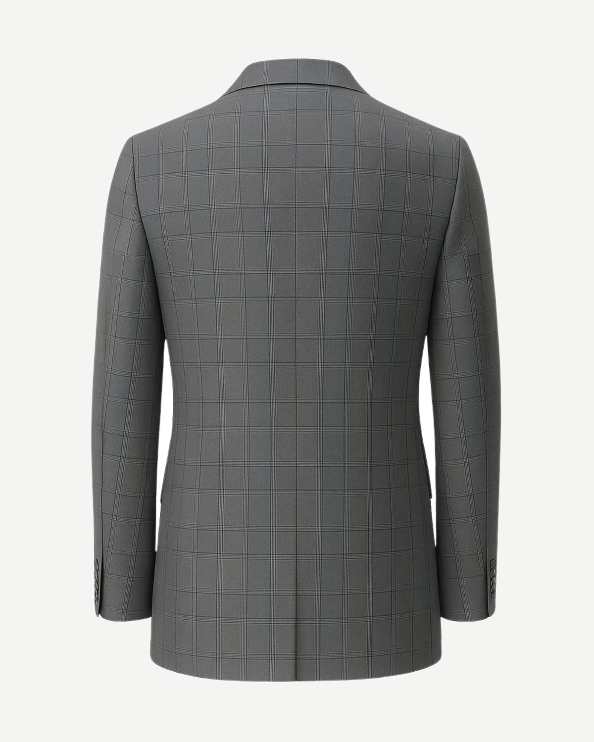 Men's Loro Piana Grey Check Blazer displaying a tailored back view with a subtle check pattern, structured shoulders, and clean lines crafted from luxury grey fabric for refined menswear.