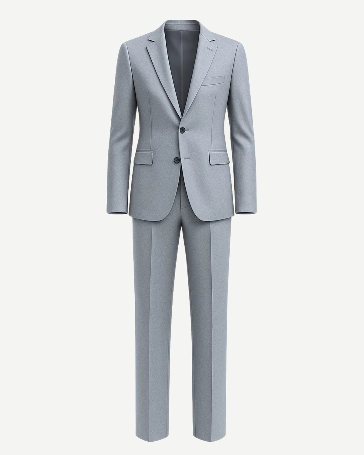 Men's Loro Piana Gray Slim Suit showcasing a modern two-button blazer with notch lapels, flap pockets, and matching slim-fit trousers in a refined gray fabric for elegant menswear.