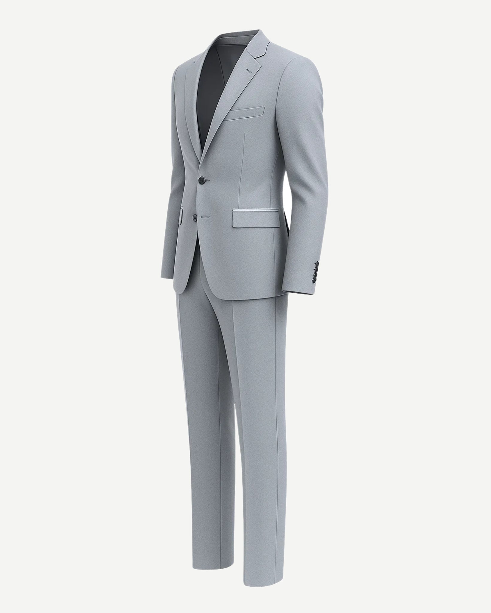 Men's Loro Piana Gray Slim Suit featuring a streamlined two-button blazer with notch lapels, flap pockets, and slim-fit trousers crafted from smooth gray luxury fabric.