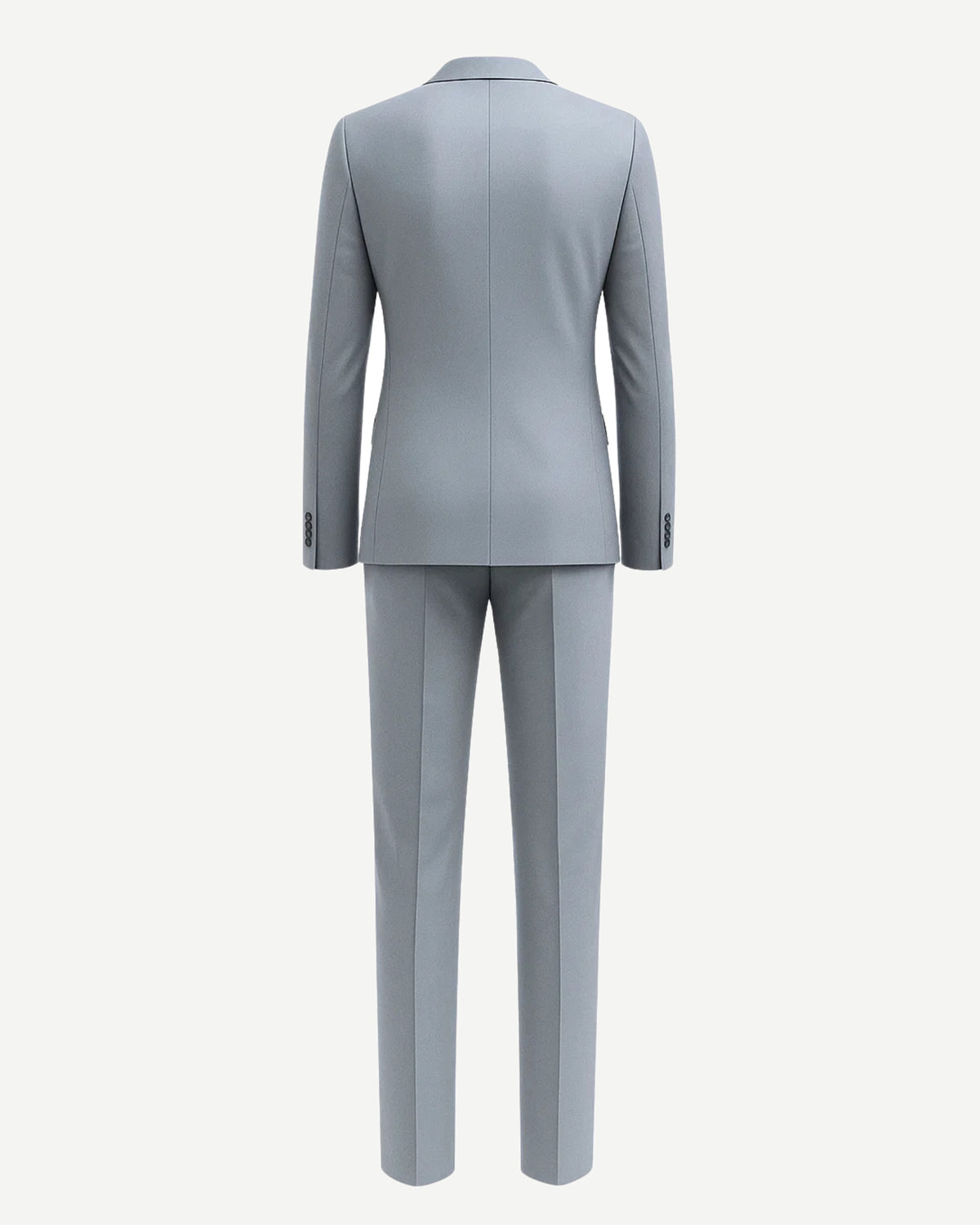 Men's Loro Piana Gray Slim Suit showing a rear view of a tailored blazer with clean lines, structured shoulders, and matching slim-fit trousers crafted from luxury gray fabric.
