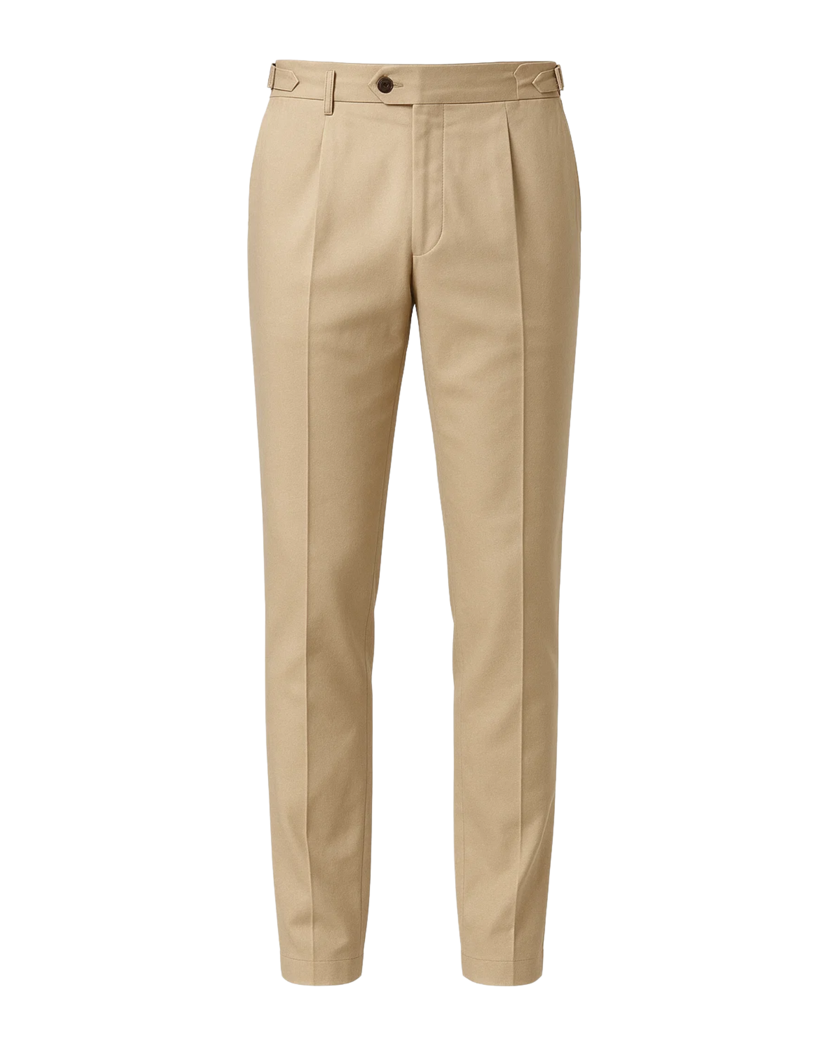Men's Loro Piana Kensington Beige Cotton Silk Chinos in a smooth beige tone, featuring pleats, belt loops, side adjusters, and a tailored slim fit for refined luxury dressing.