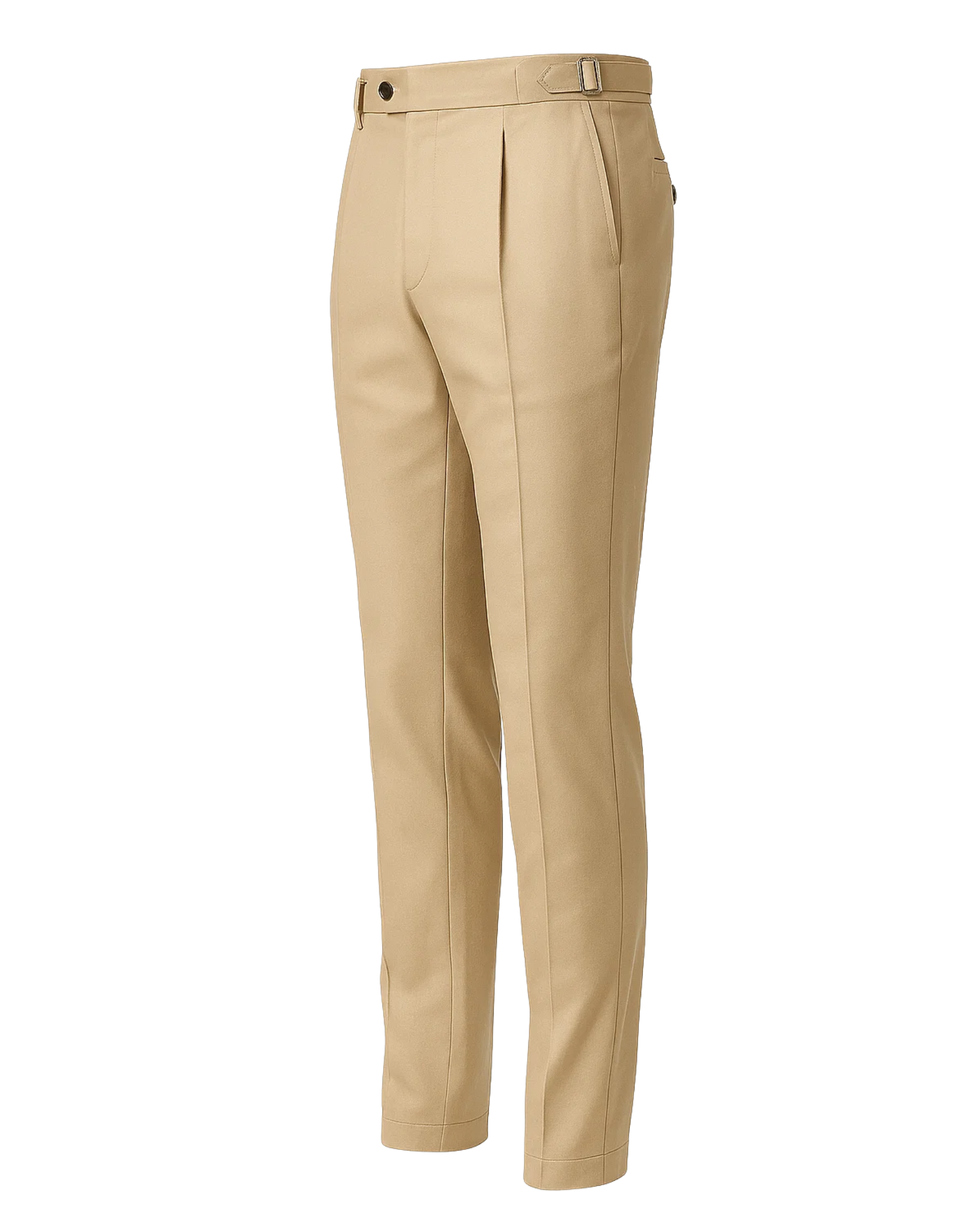 Men's Loro Piana Kensington Beige Cotton Silk Chinos in a refined beige shade, featuring pleats, adjustable side tabs, belt loops, and a tailored slim silhouette for sophisticated dressing.