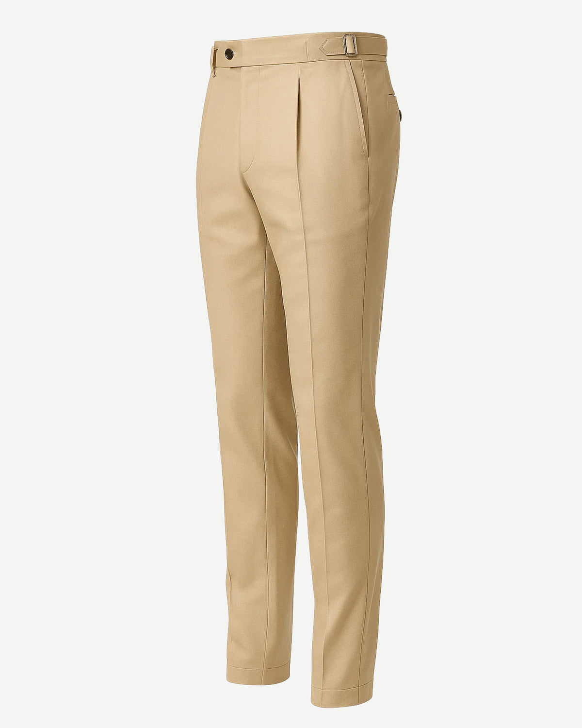 Men's Loro Piana Kensington Beige Cotton Silk Chinos in a refined beige shade, featuring pleats, adjustable side tabs, belt loops, and a tailored slim silhouette for sophisticated dressing.