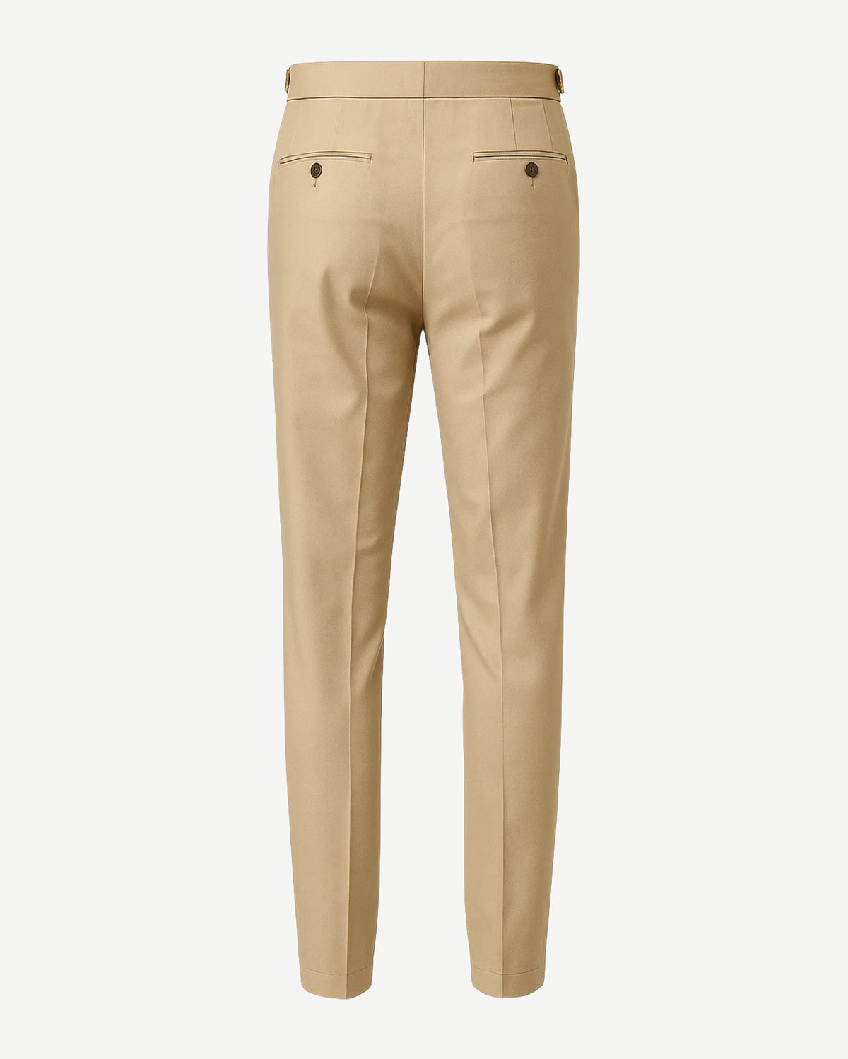 Men's Loro Piana Kensington Beige Cotton Silk Chinos shown from the back, crafted in smooth beige fabric with tailored slim legs, welt pockets with button closures, belt loops, and side adjusters for precise fit.