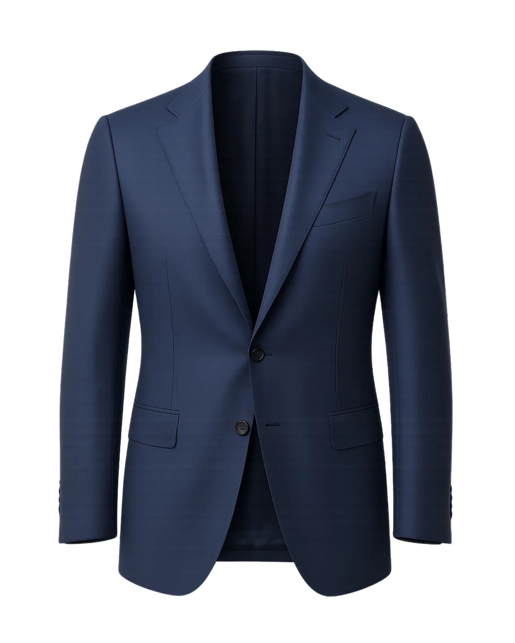 Men's Loro Piana Navy Blue Blazer showcasing a refined two-button design with notch lapels, flap pockets, and subtle tonal patterning in luxurious navy fabric for sophisticated menswear.