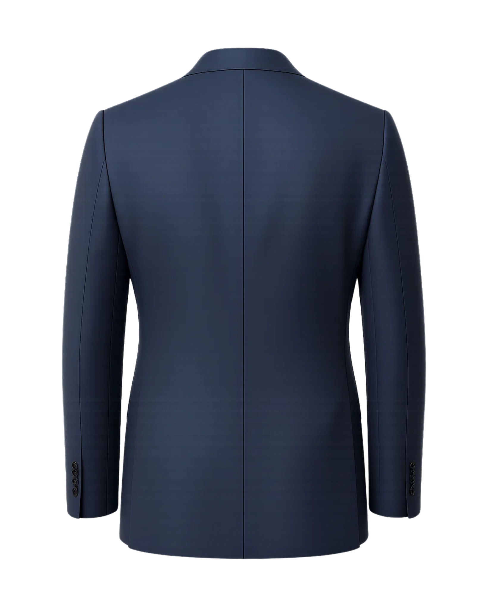 Men's Loro Piana Navy Blue Blazer shown from the back, highlighting a streamlined silhouette with structured shoulders and refined tailoring in luxurious navy fabric.