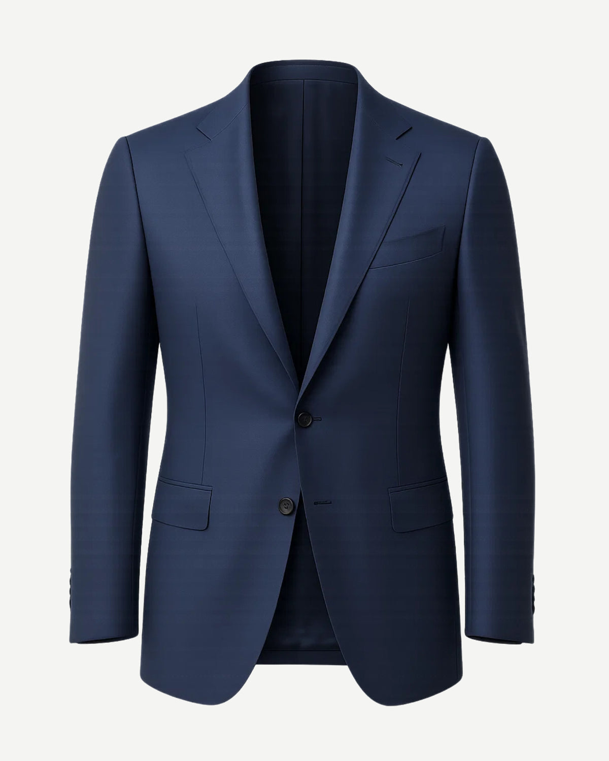 Men's Loro Piana Navy Blue Blazer showcasing a refined two-button design with notch lapels, flap pockets, and subtle tonal patterning in luxurious navy fabric for sophisticated menswear.